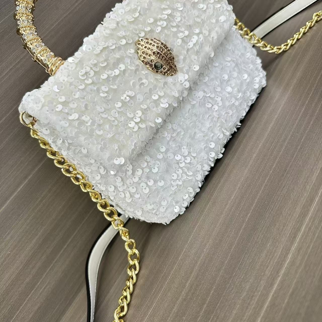 Kurt Geiger London White Sequin Crossbody Crystal Top Handle Eagle 20×8×16 cm