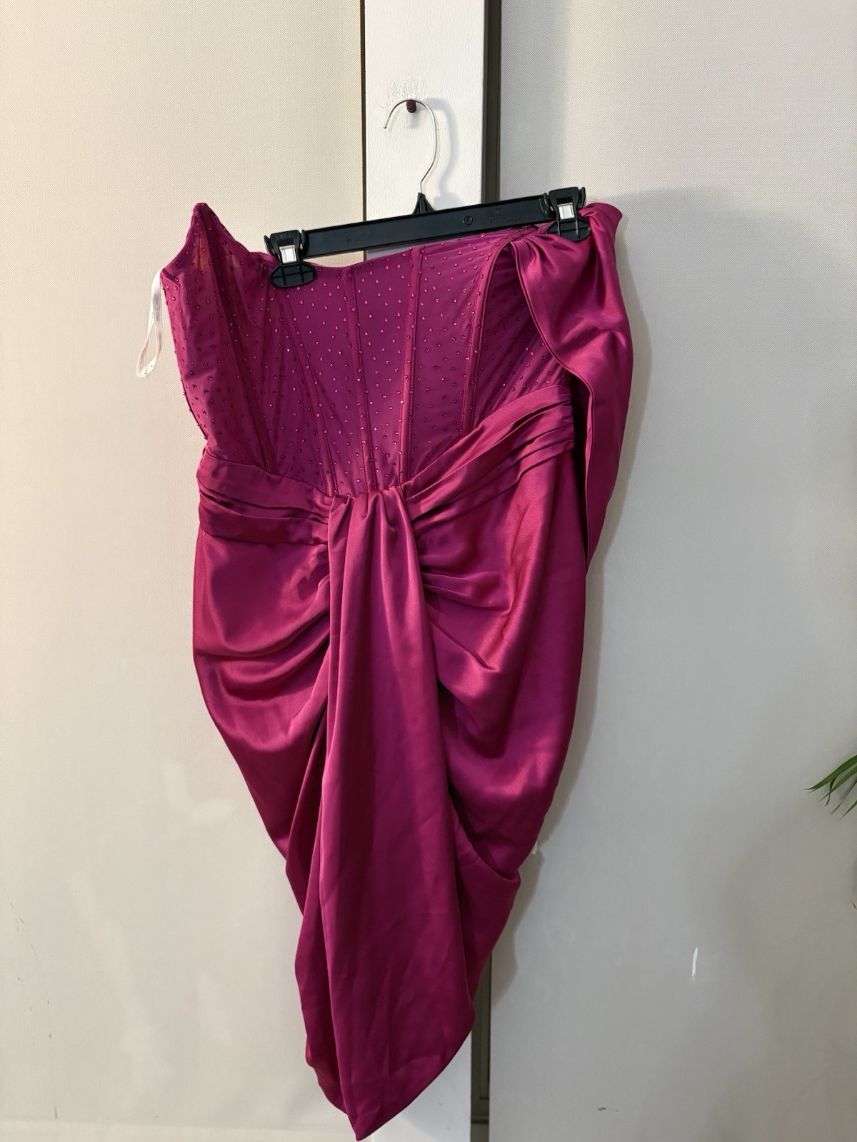 Miss Circle Purple Satin Ruched Off-Shoulder Beaded Corset Midi Dress L