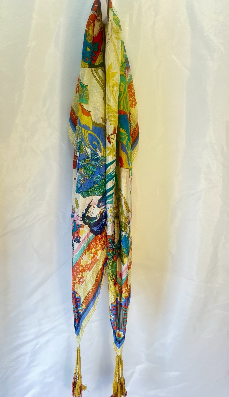 Beautiful Johnny Was Square Silk 43” Scarf Or Wrap Tassels Geisha Asian Oriental