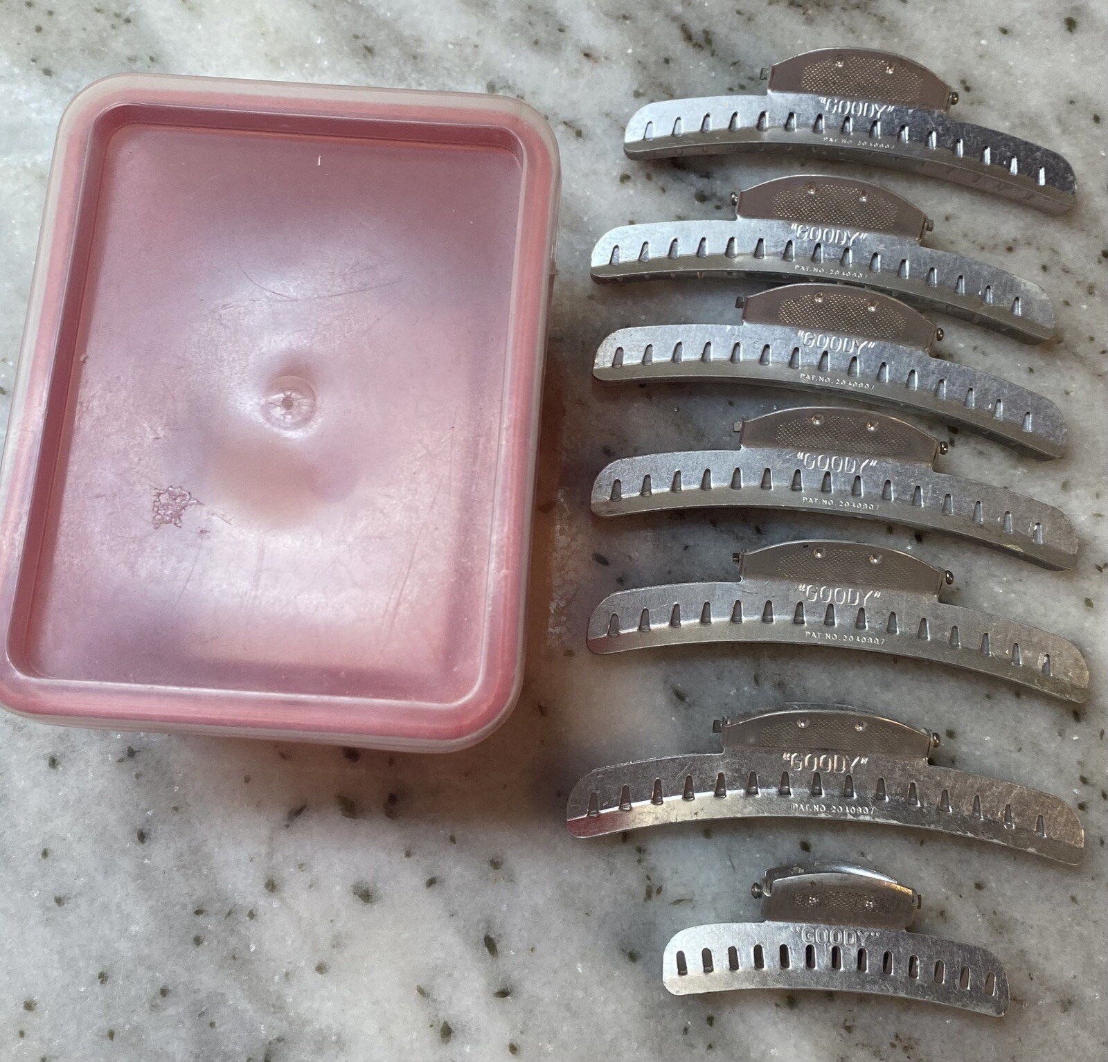 Vintage Goody RED Storage Box Hair Set of 7 Aluminum Barrette Clips Container