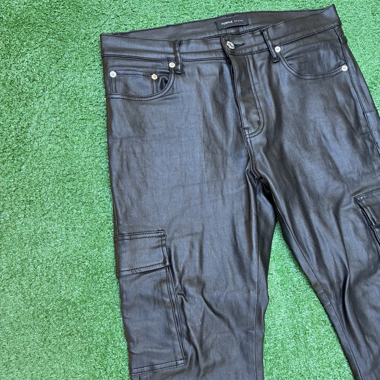 Purple Brand P004 Wax Coated Designer Cargo Jeans Button Fly Sz 33×32