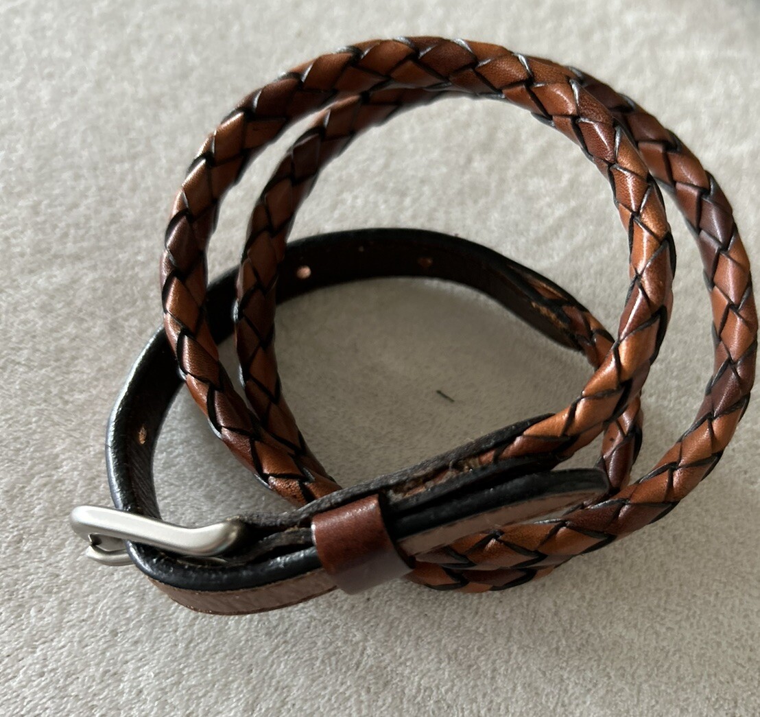 Braided Brown Leather Thin Women’s Boho Belt Small Medium Waist 26-30” EUC