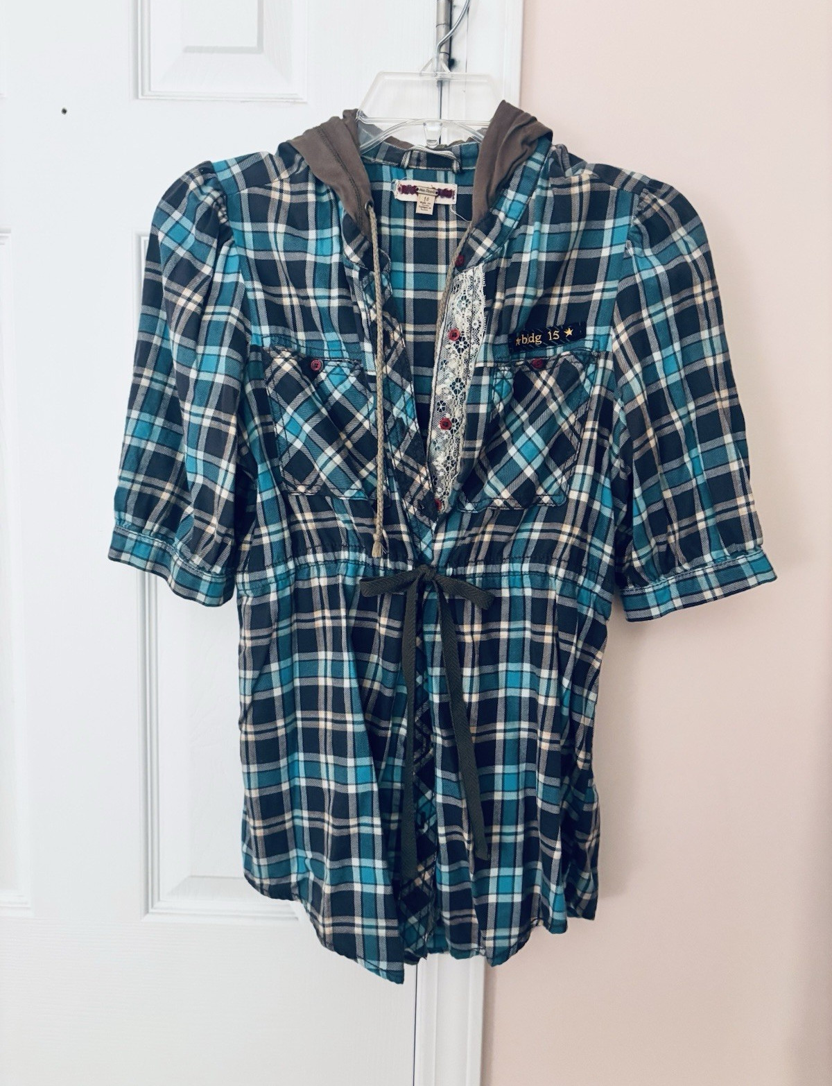 Free People Blue Black White Plaid Flannel Hooded Button-Up Tunic 3/4 10