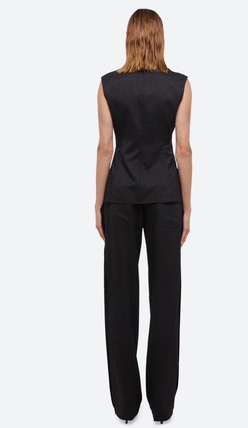 $545 HELMUT LANG Size 8 Sleeveless Modest Vest Black Tonal Jacquard Top