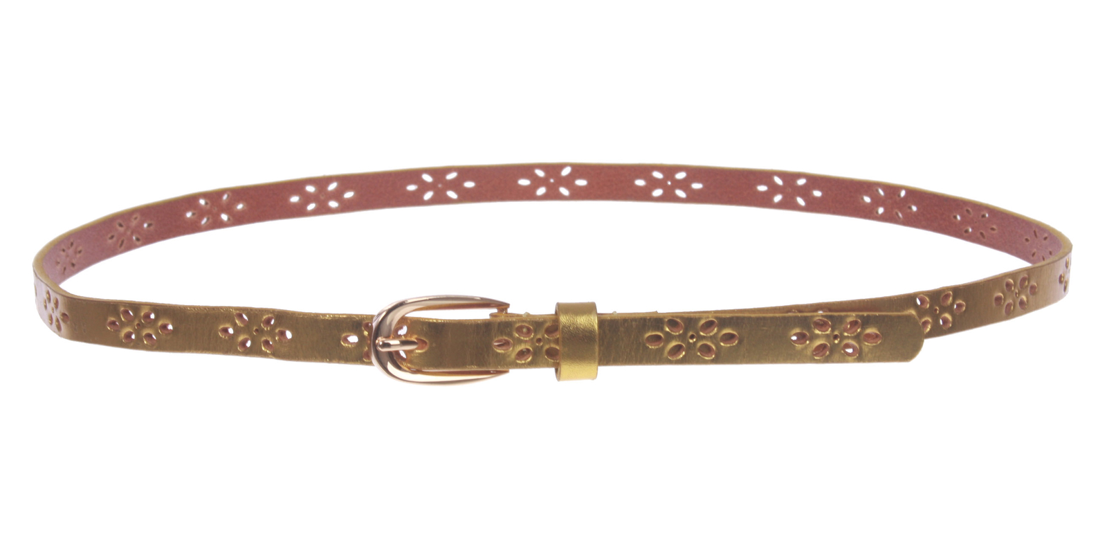 Skinny Perforated Floral Hollow Out One Piece Cowhide Full Grain Leather Bel