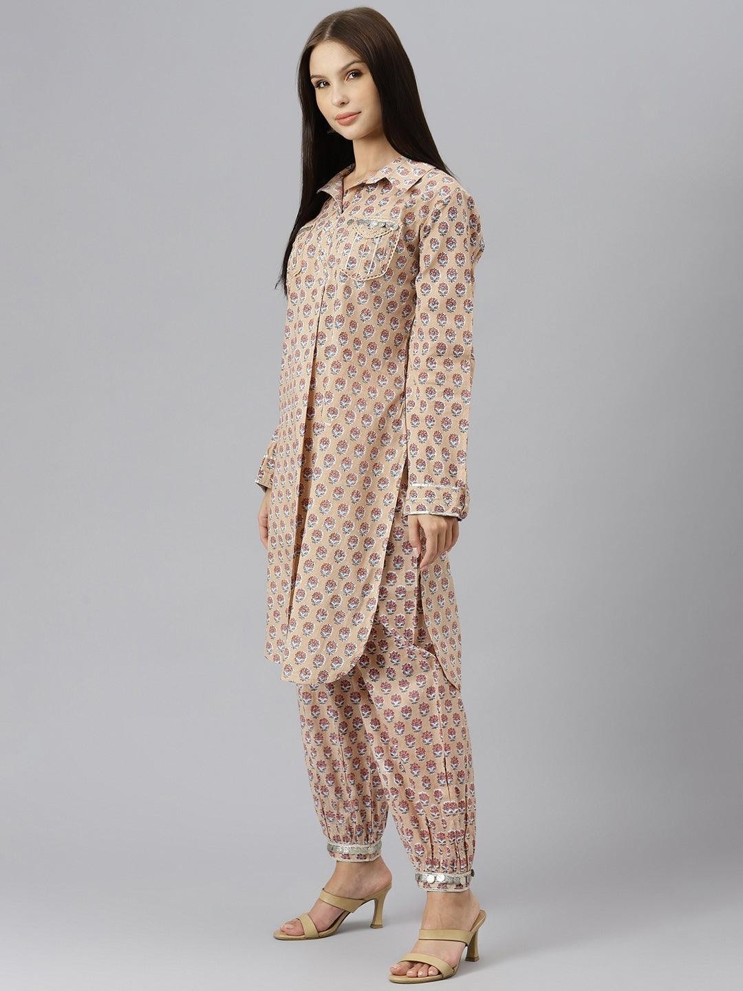 Beige Cotton Shirt Style Kurta Hem Cuffed Pant Co-Ord Set Women Plus Size