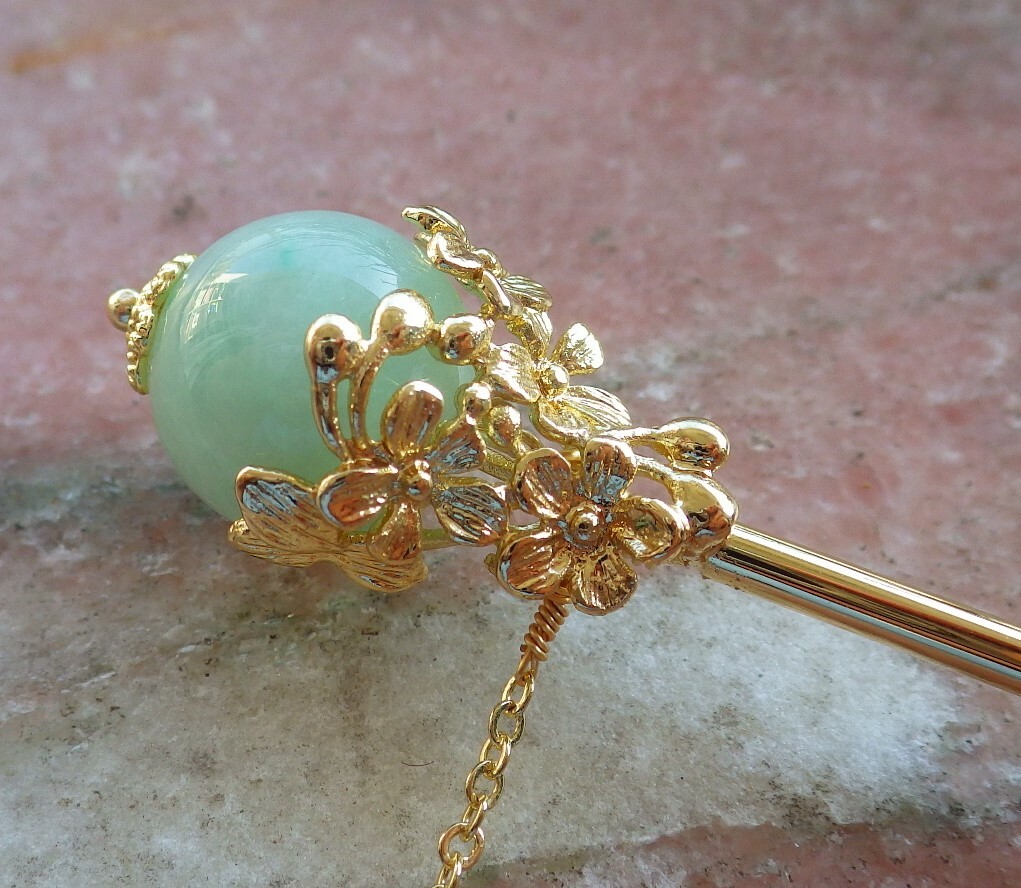 Certified Green Burma A Jade jadeite hairpin Hair pin bead 6 inches 543601 AS