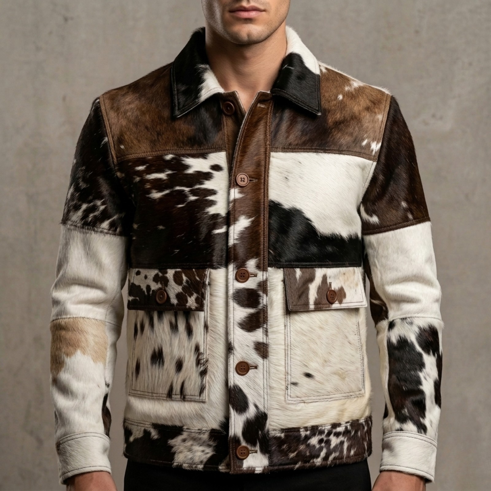 Men’s Brown & White Cowhide Leather Jacket Hair On Hide Western Bomber Jacket Po