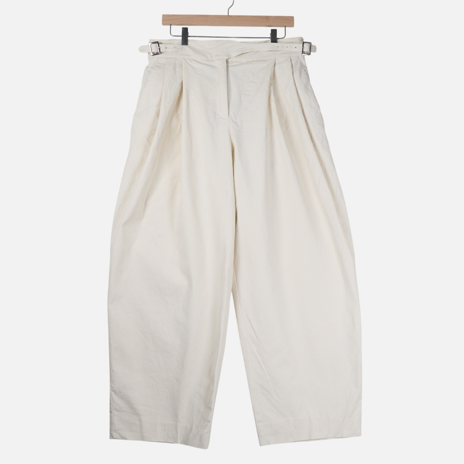 Sara Battaglia Cream Wide Leg Pleated Pants High Rise Side Buckle IT 44 US 8