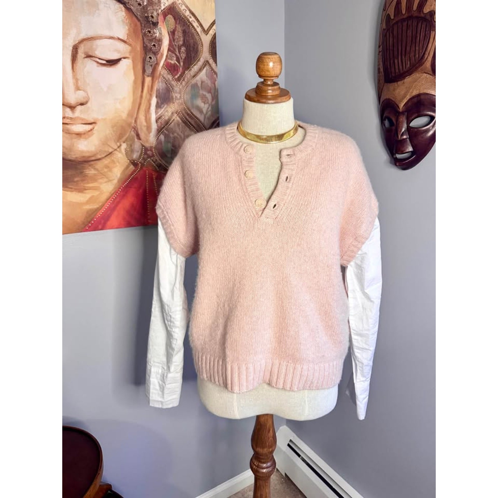 Naadam Cotton/Cashmere Blend Blush Mixed Media Henley Knit Sweater