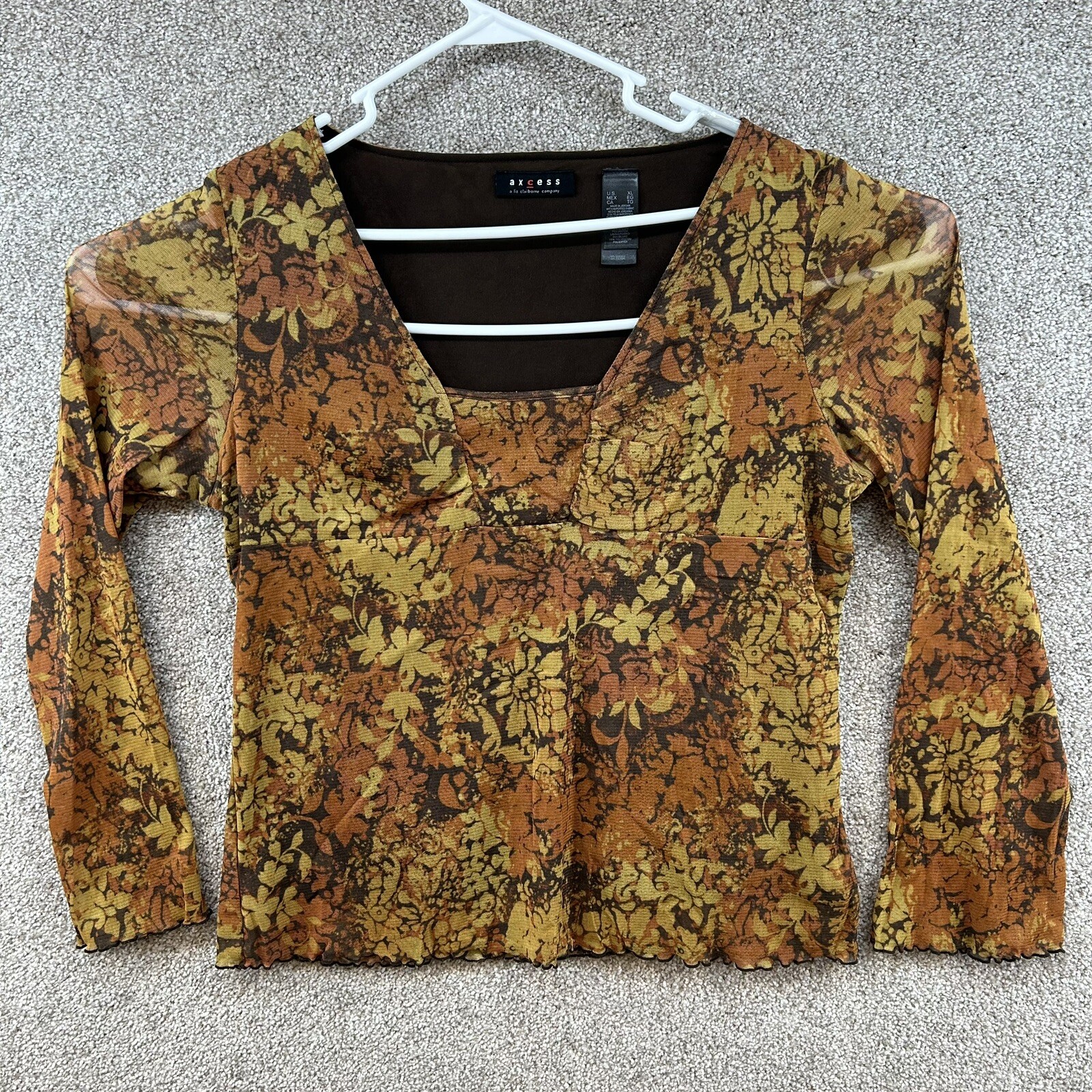 Axcess Women’s Blouse Size XL Orange Floral Fall Long Sleeve Pullover Ladies
