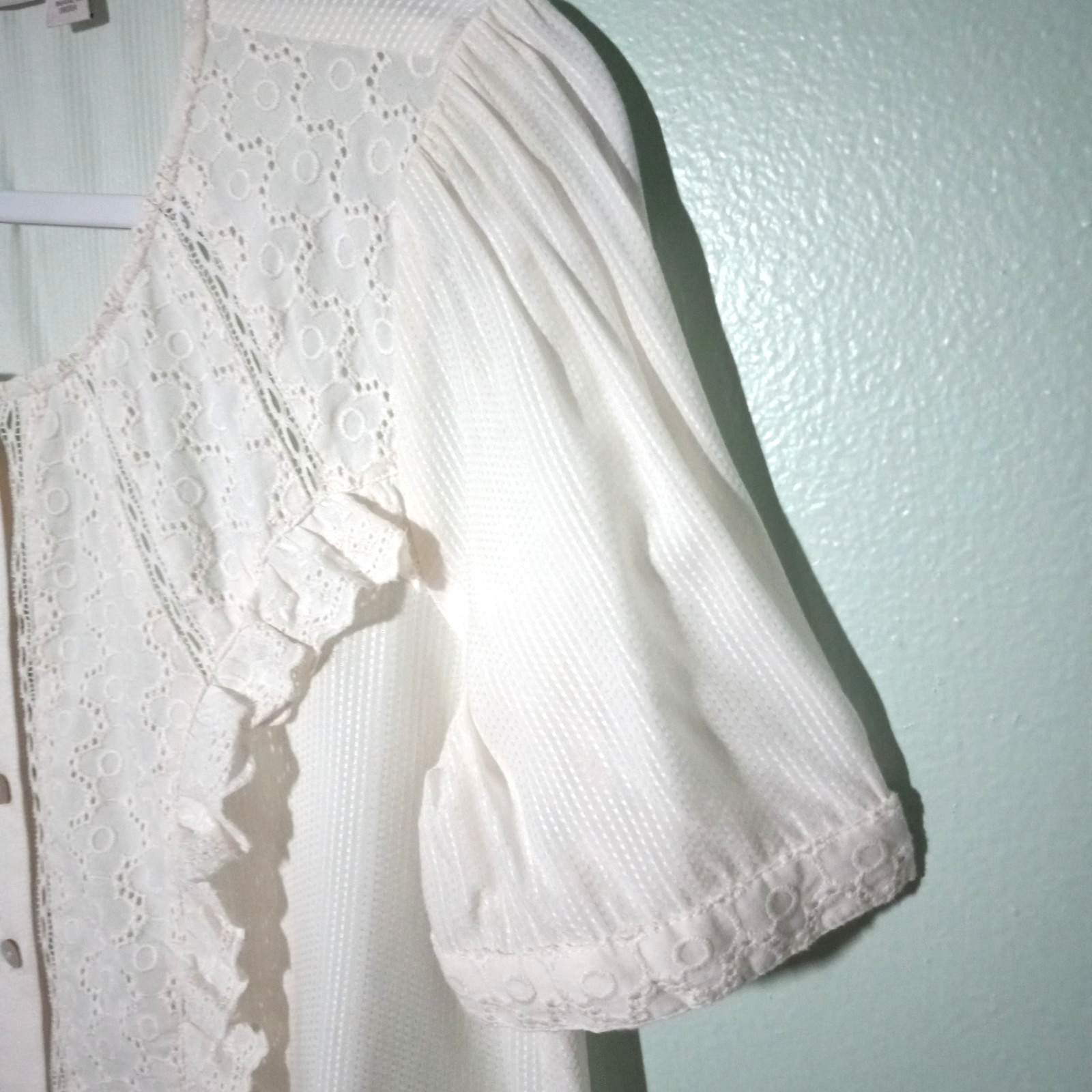 LOGO by Lori Goldstein Top Blouse size Small, Ivory Lace Eyelet Sheer Ruffle