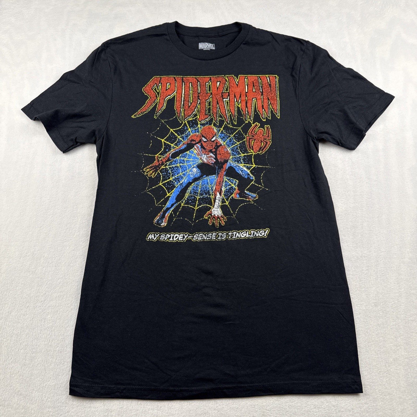 Marvel Spider Man Graphic T Shirt Black Size Small Distressed Vintage Look