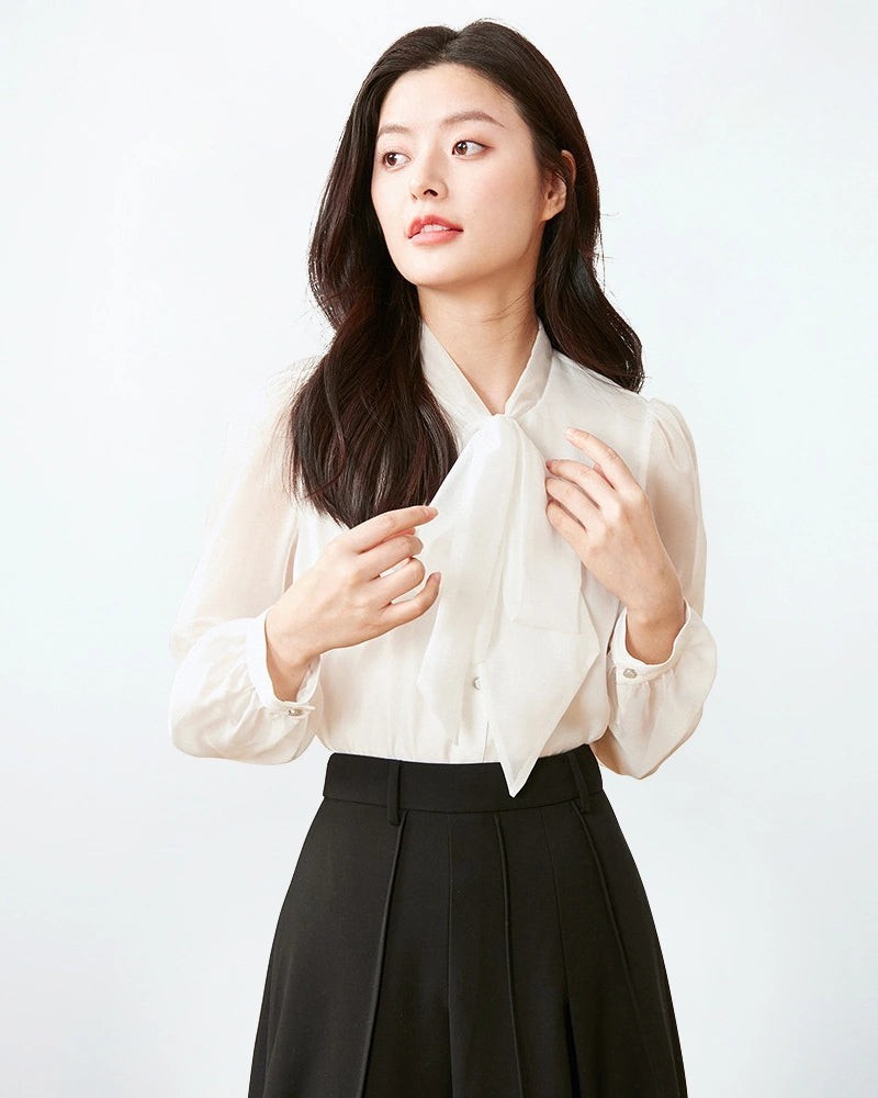 Tie Neck Silk Blouse with Sheer Sleeves