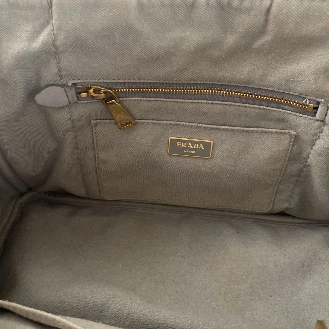 PRADA Canapa Canvas Tote Handbag Greige Triangle Logo Plate Bag Women Junk