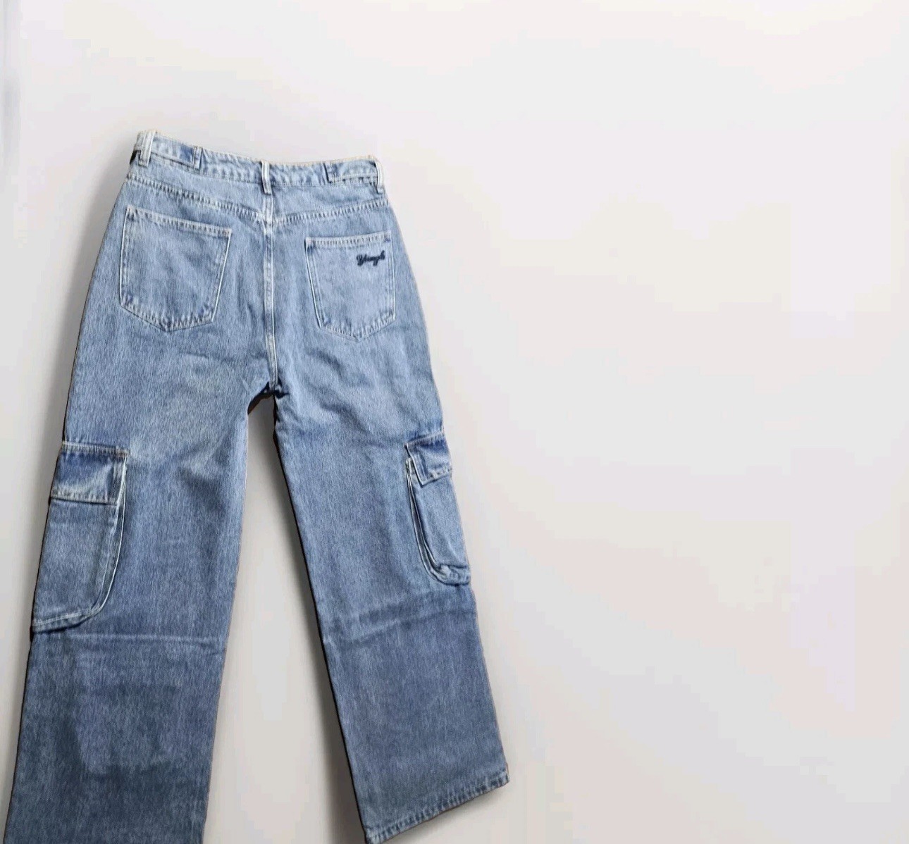 YoungLa Jeans Women’s SZ LG Blue Wash Straight Leg Cargo Utility 29.5×30.5 NWT