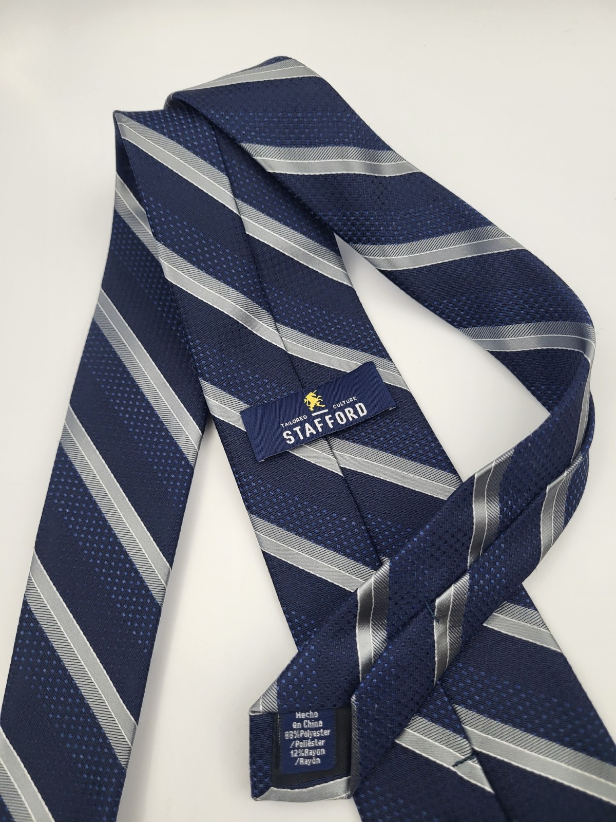 Stafford Polyester Rayon Tie Blue Gray Silver Stripes Men Necktie 57 x 3
