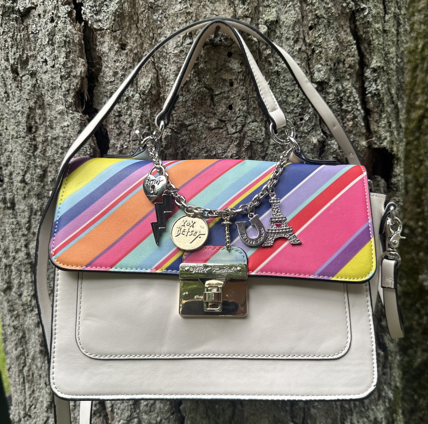 Betsey Johnson XO Jules Rainbow Stripe Top Handle Satchel Crossbody Bag Purse