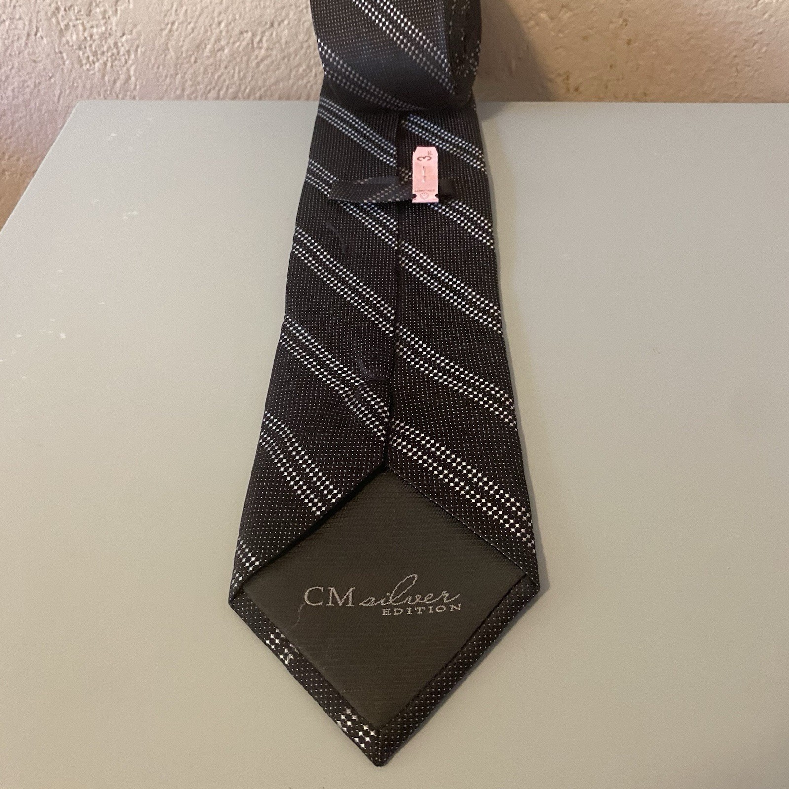 CM Silver Edition Men’s Tie Black Background 100% Silk Textured 3.75 x 64 Inches