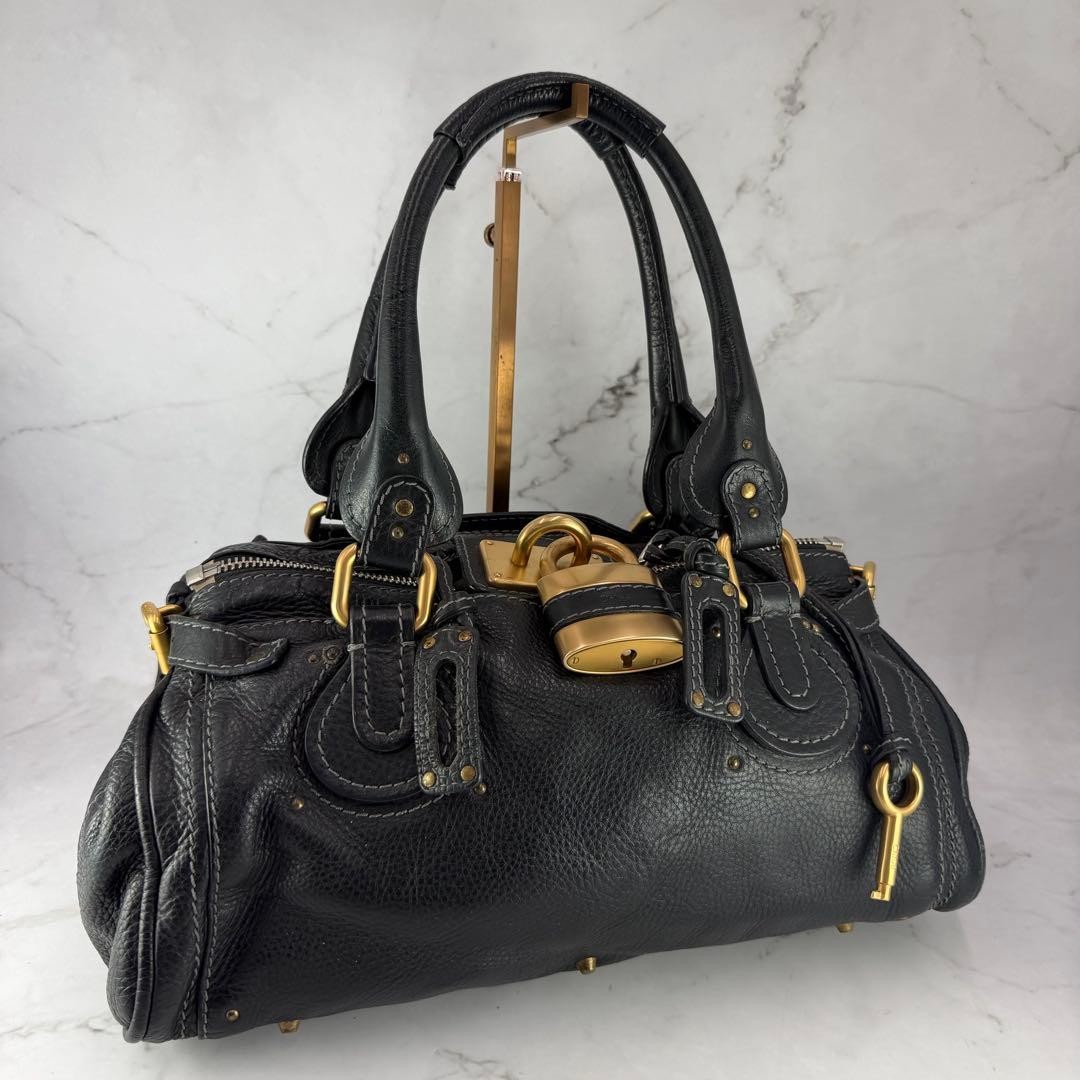 Chloe Paddington Black Leather Handbag Boston Bag Padlock Key Satchel