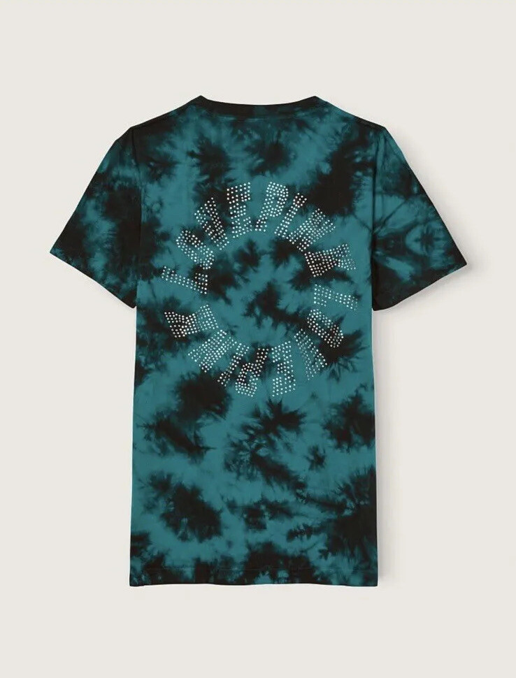 Victoria’s Secret PINK Shine Campus Short Sleeve Tee Green Tie Dye Rhinestone