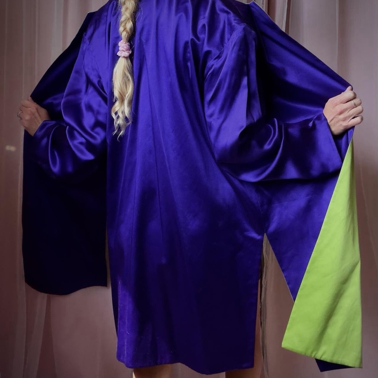 1960s Absinthe Green & Violet Silk Reversible Robe Coat