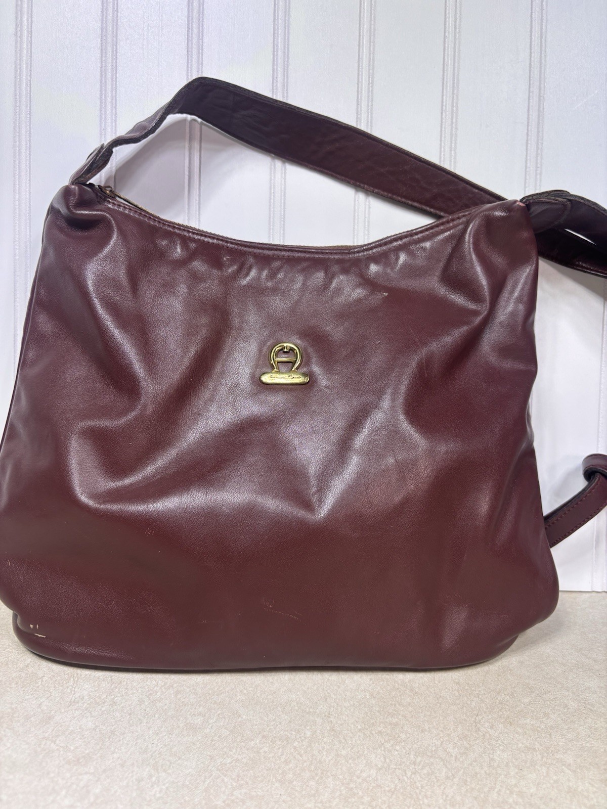 1980s Etienne Aigner Oxblood Leather Knotted Hobo Bag Curved Scoop Purse