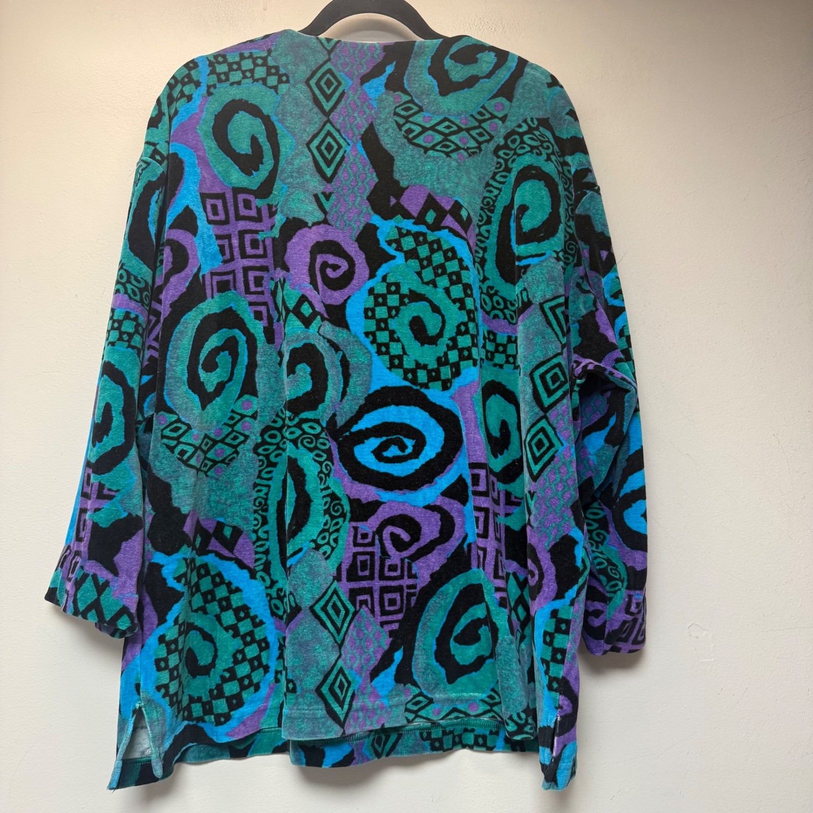The Villager Woman Tunic Top Womens 2X Teal Purple Excellent Abstract Velour 90s