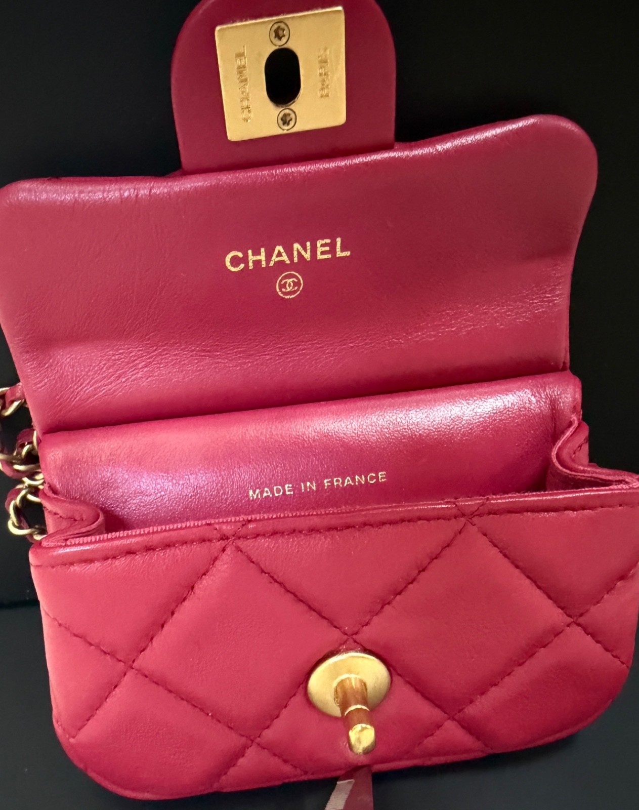 CHANEL FLAP CARD HOLDER WITH CHAIN PINK QUILTED CALFSKIN GOLD HARDWARE, 2021