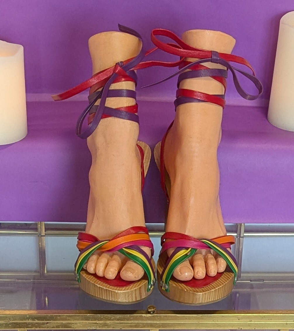 Fornarina Wooden Wedge Sandals with Rainbow Leather Ties Women’s Size 39