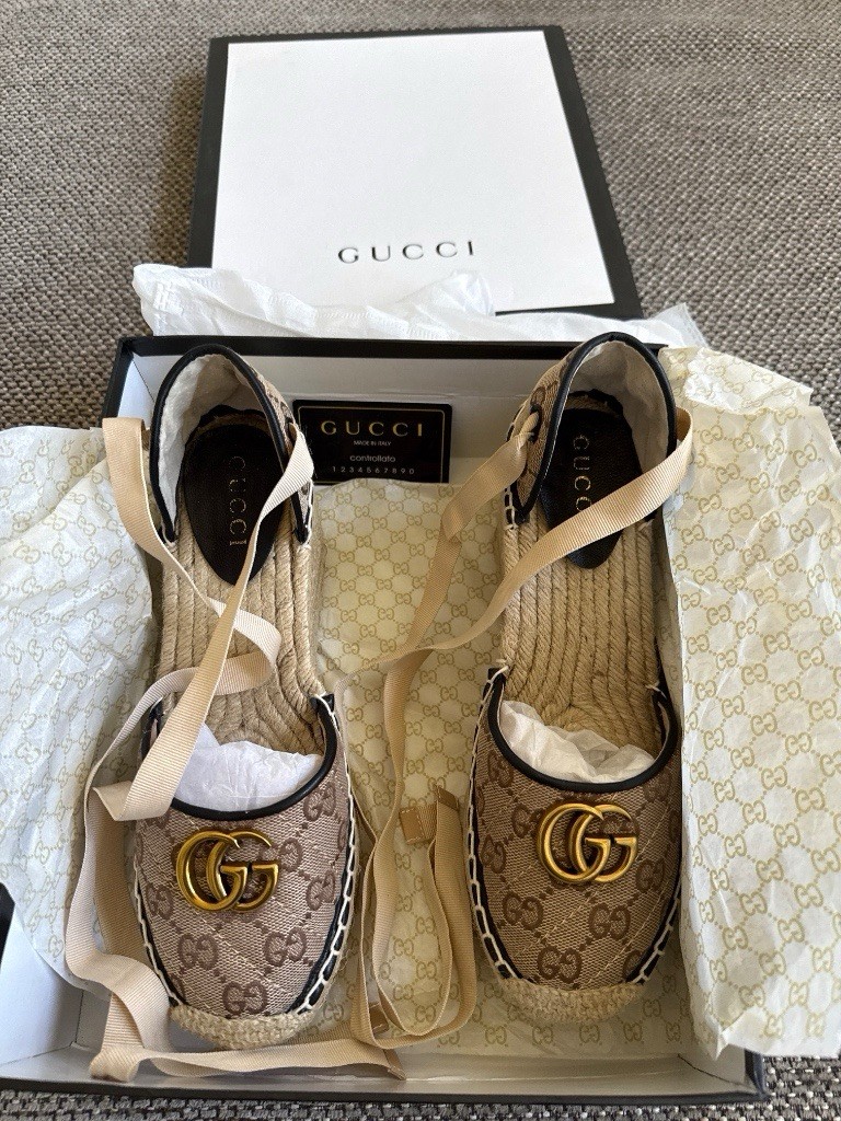 Gucci GG Marmont Canvas Ankle-Tie Platform Espadrille Wedges Size 39 / US 8.5