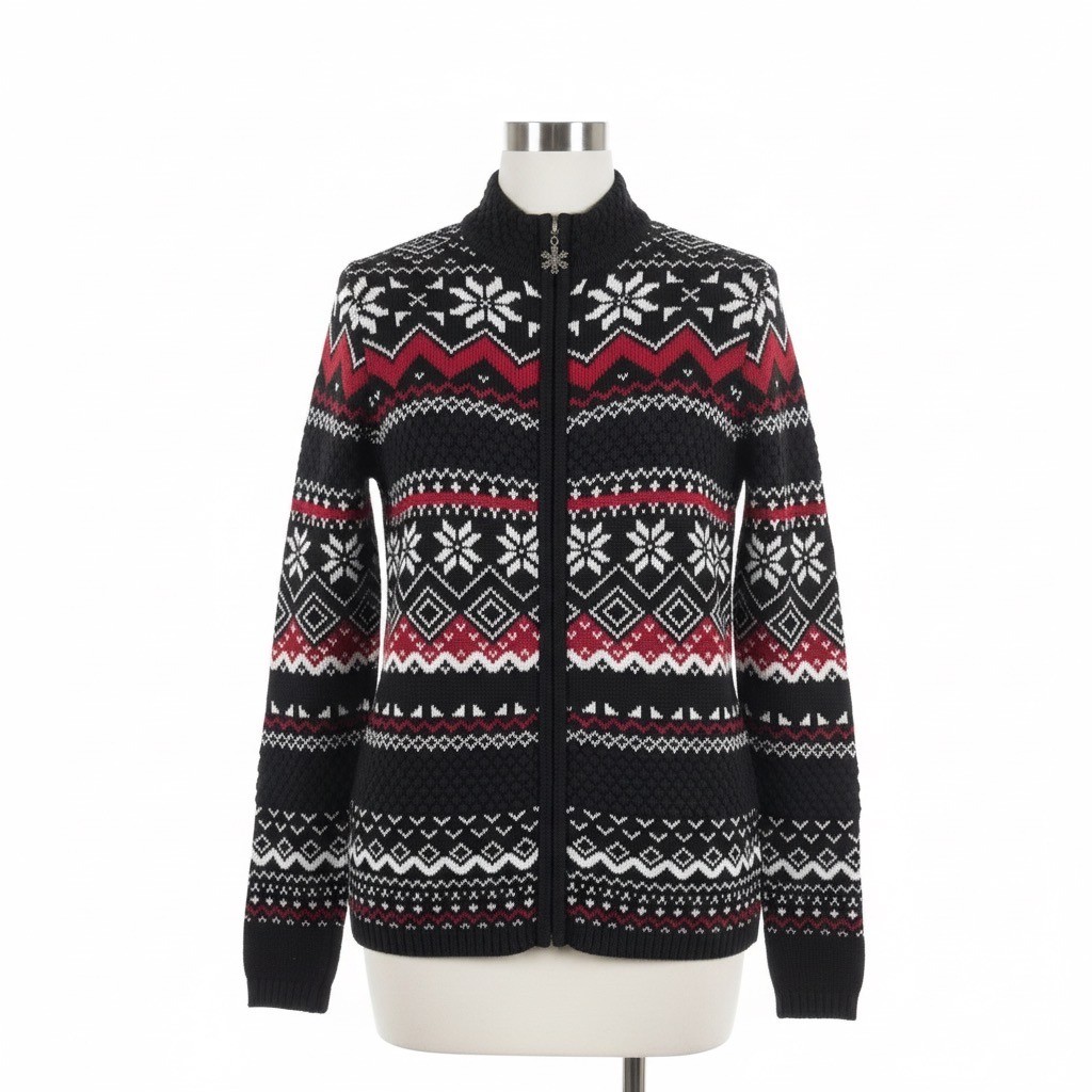 Breckenridge Cardigan M Petite Fair Isle Snowflake Black Red Zip Up Sweater