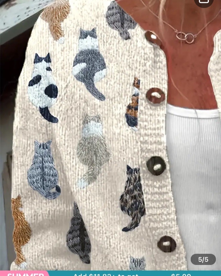 Women’s Med/Large 8/10 Cat Knit Sweater Printed Fall Cats Sittin Kitties Buttons
