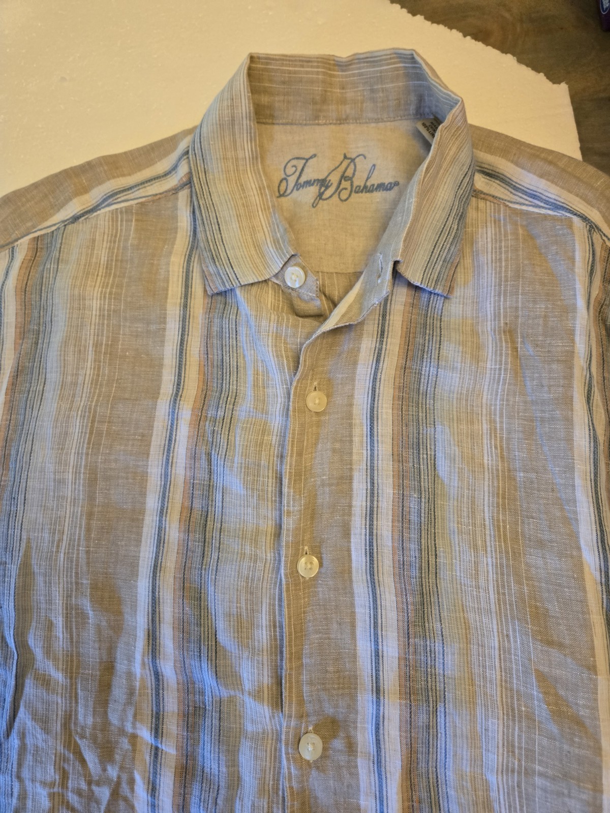 Tommy Bahama 100% Linen Camp Shirt Earthy Neutrals Striped Large Short Sleeves