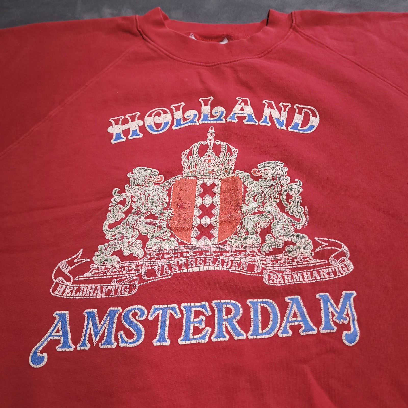 Vtg 80s Holland Amsterdam Logo Crewneck Sweatshirt Medium Red Distressed