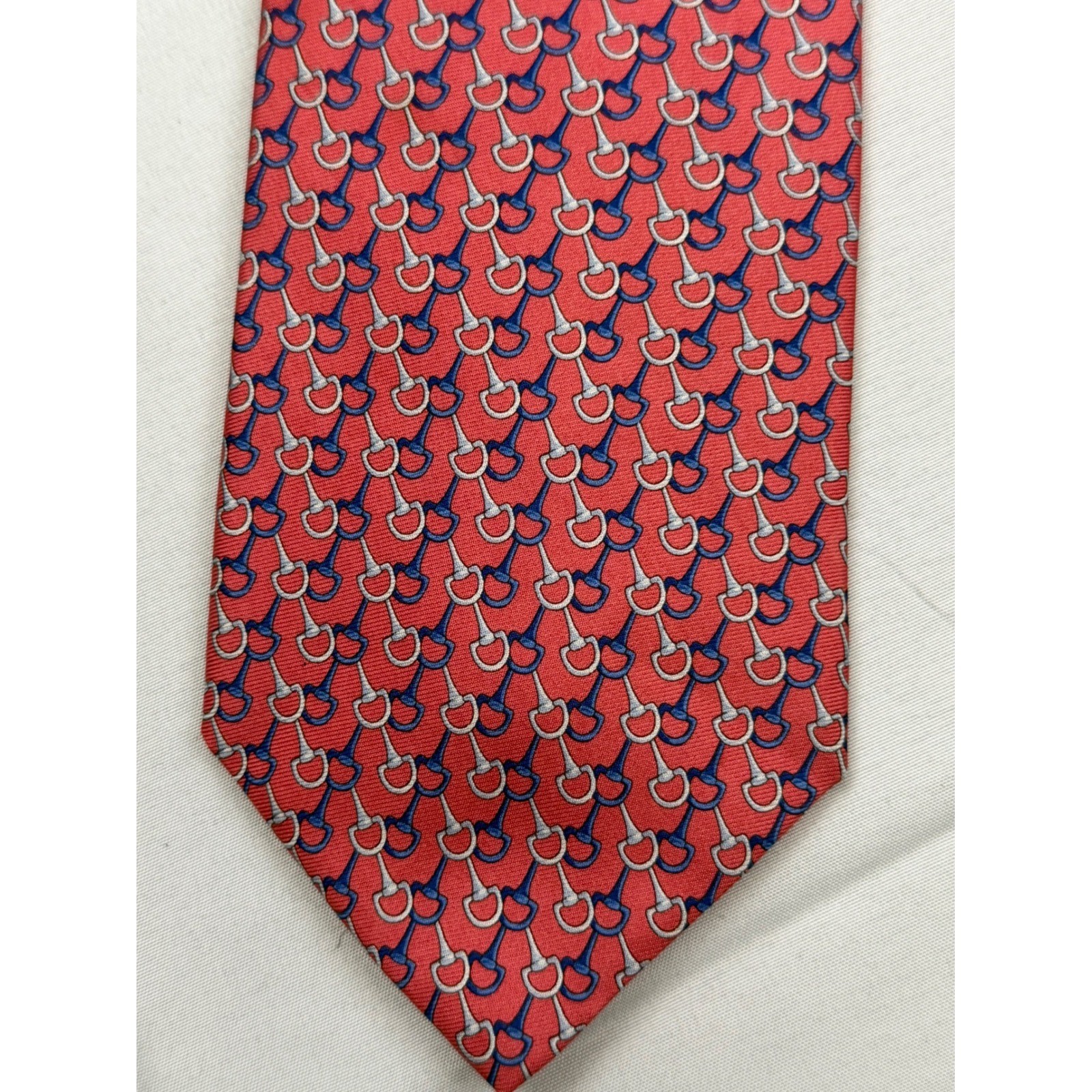 Brooks Brothers Necktie Men 60×3.75 Red Horsebit Stirrup Silk Equestrian Print