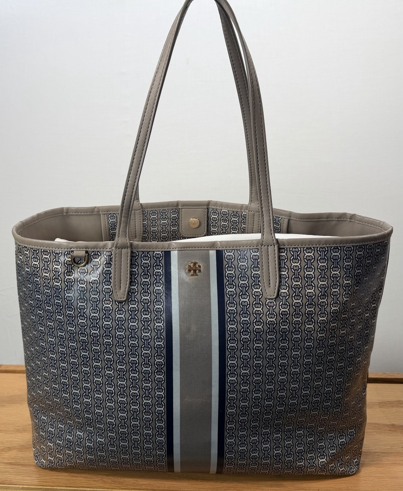 Tory Burch Gemini Link Large Tote Bag Gray Navy Work Shoulder Bag