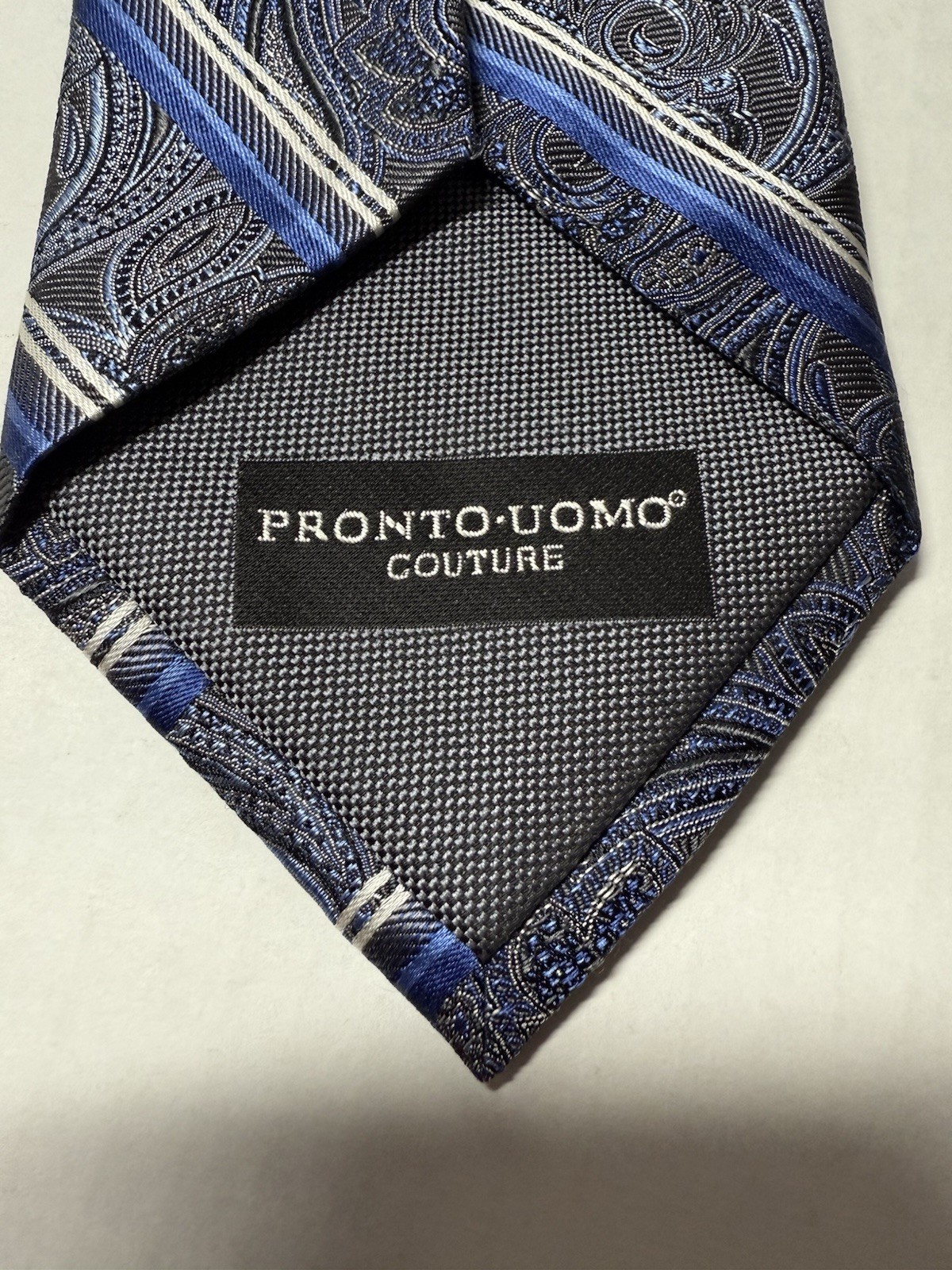 Pronto Uomo Couture Silk Tie XL Gray Blue Stripes Tonal Jacquard Paisley EUC