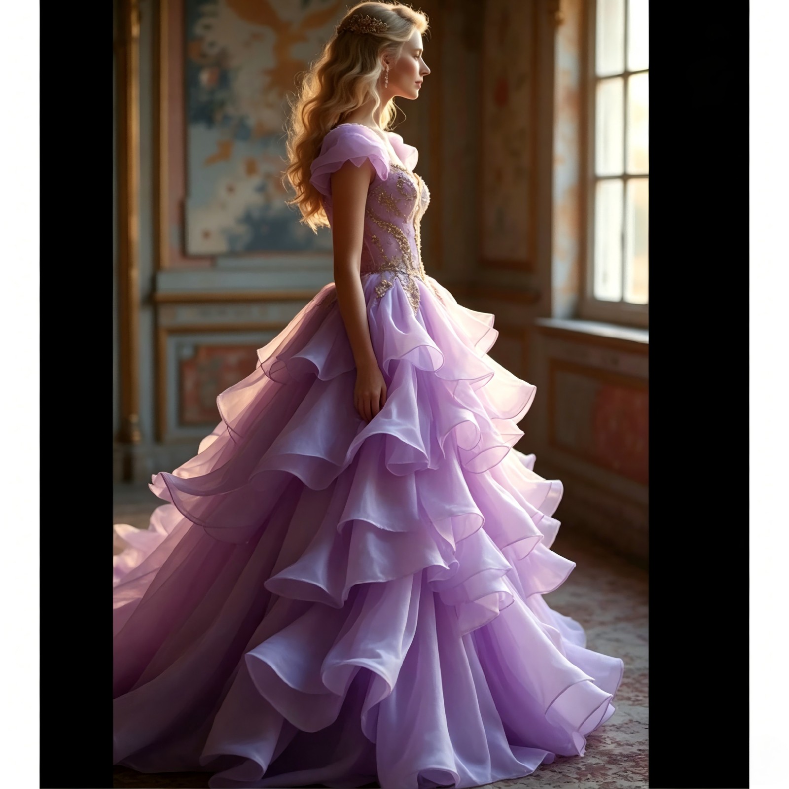 Lavender Off-Shoulder Tulle Ruffled Gold Embellished Ball Gown Prom Dresses