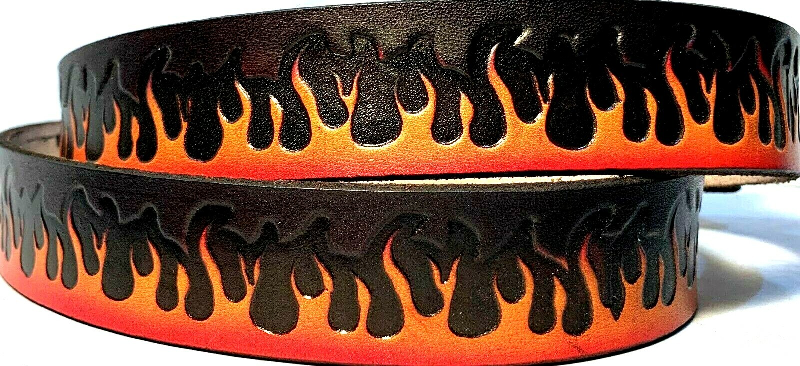 RED FLAMES EMBOSSED TRUCKER MOTORCYCLE COWHIDE LEATHER BELT SIZE 26-48 USA MADE