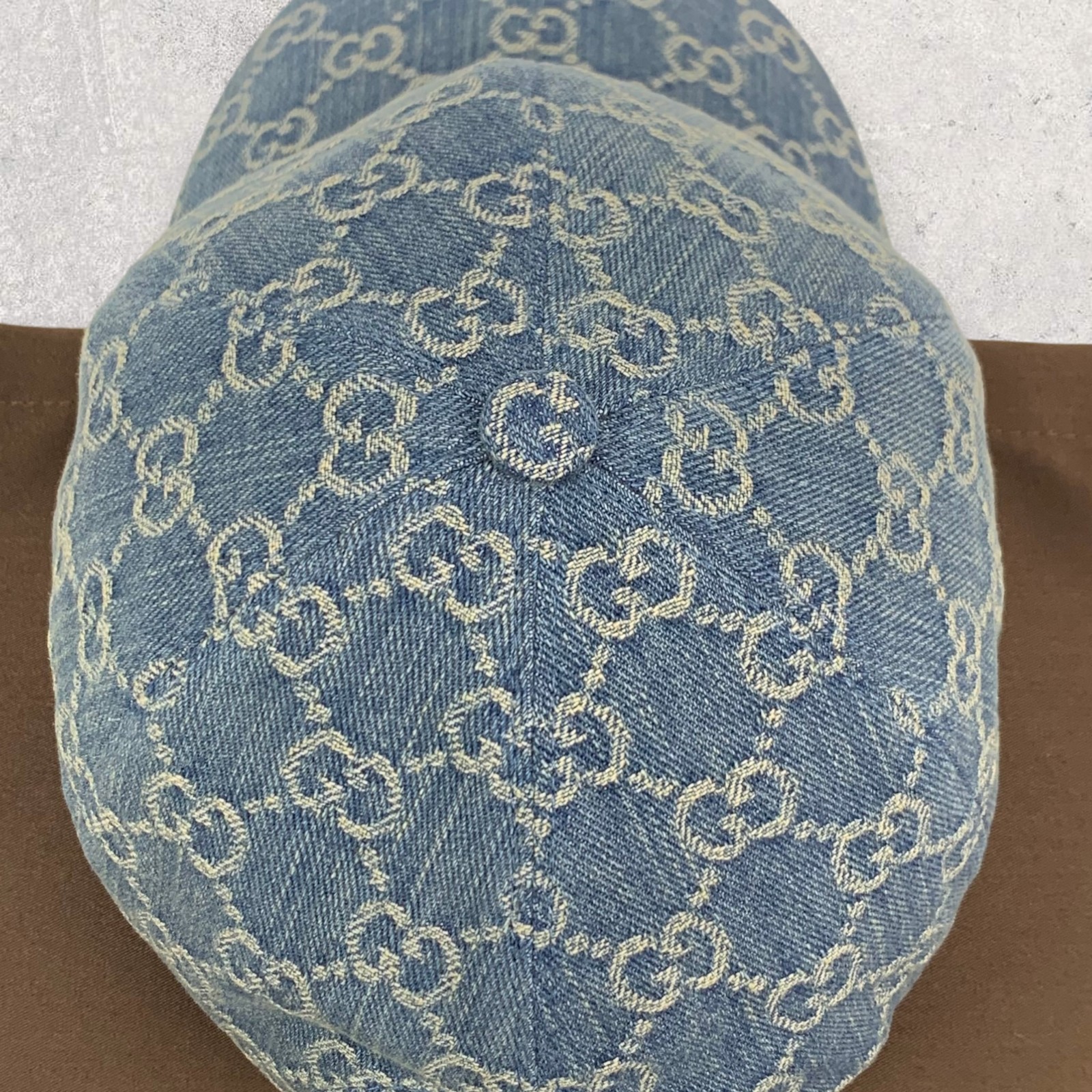 Gucci GG Monogram Logo Horsebit-Detailed Leather Denim Baseball Cap Blue Size M
