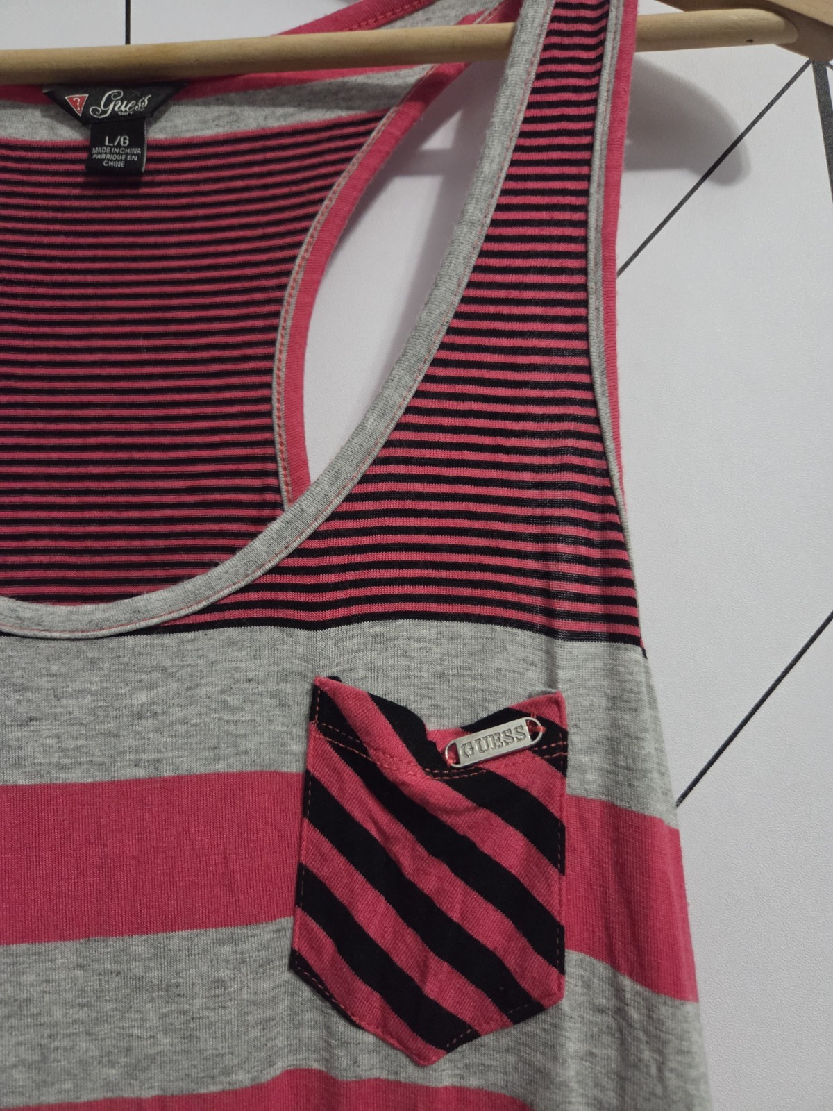 GUESS Racerback Tank Maxi Dress Magenta, Grey & Black Stripe, Size Large