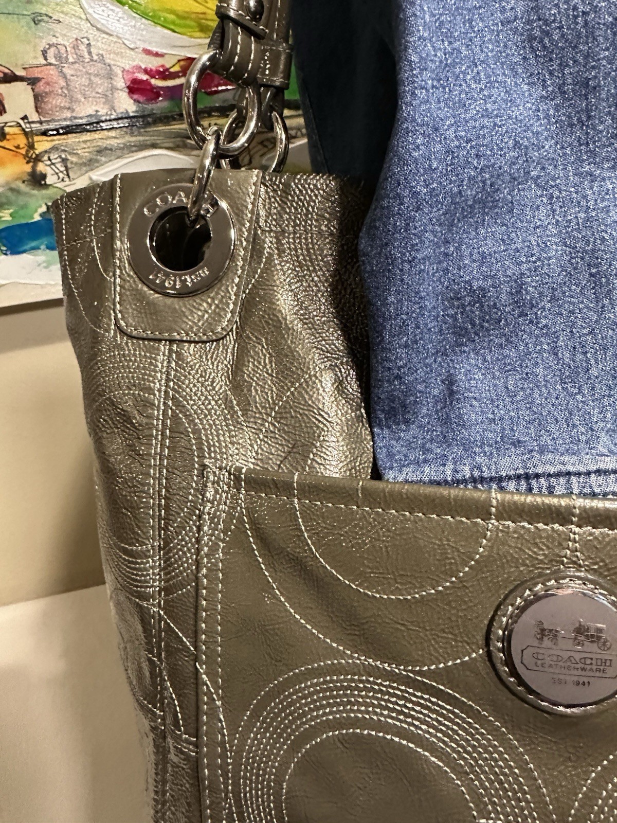 COACH ALEX Stitched Green Patent Leather Shoulder Tote Purse Bag 14265