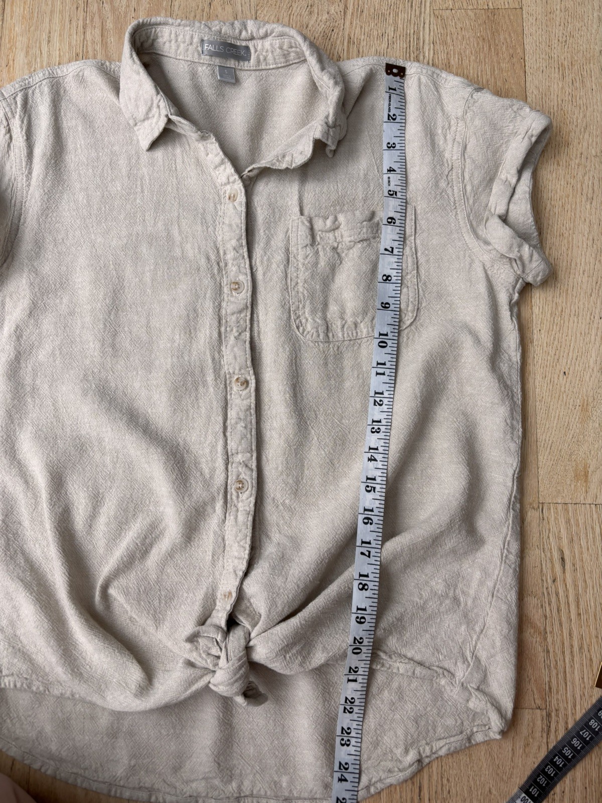 Falls Creek Button Down Shirt Women’s Top Ivory Beige Linen Blend Front Tie Sz S