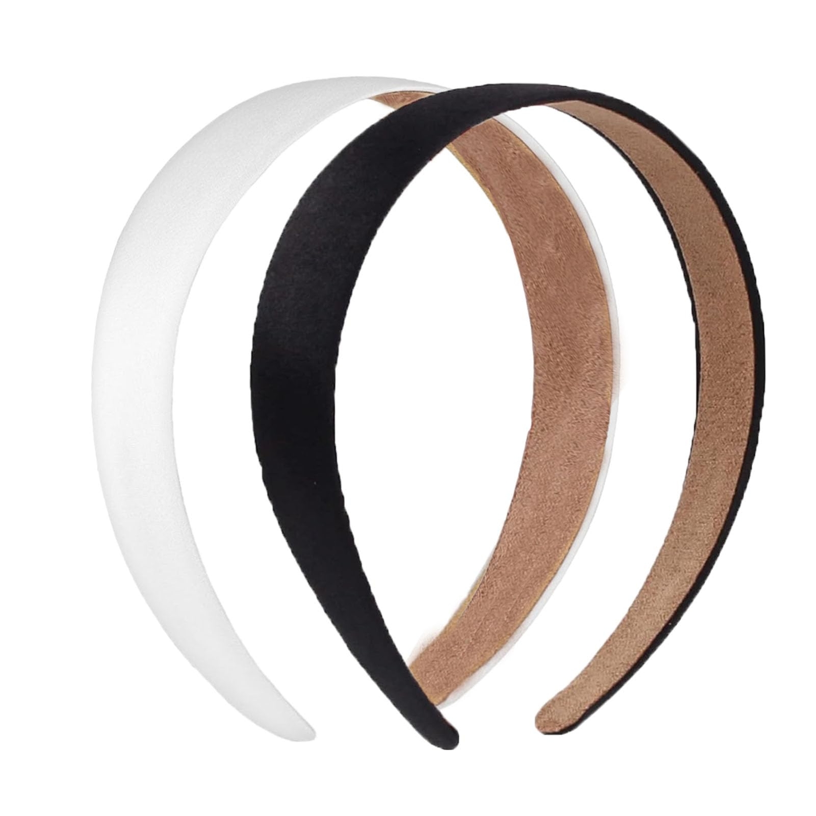 2 Pack Black White Satin Headbands 1.3 Inch Wide Non Slip Fashion Hair Bands