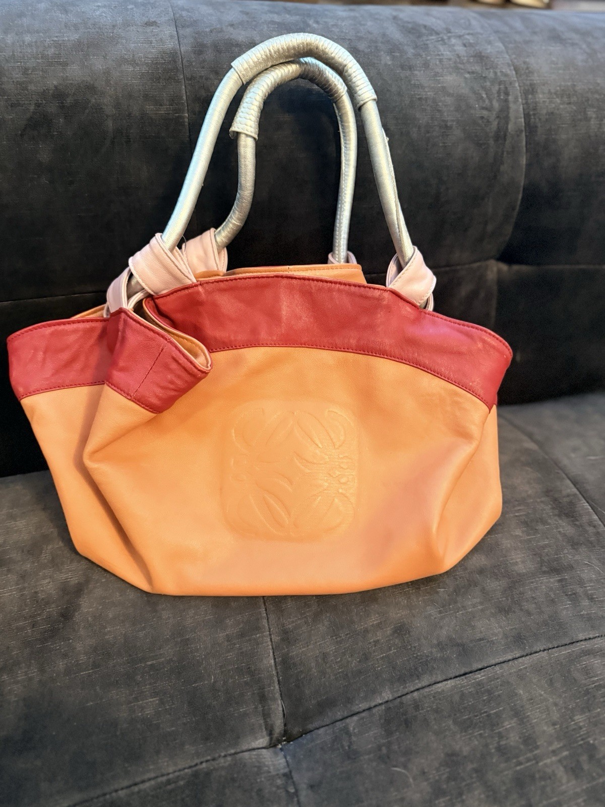 LOEWE ORANGE RED PINK SILVER LAMBSKIN NAPPA AIRE TOTE HANDBAG – Rare.