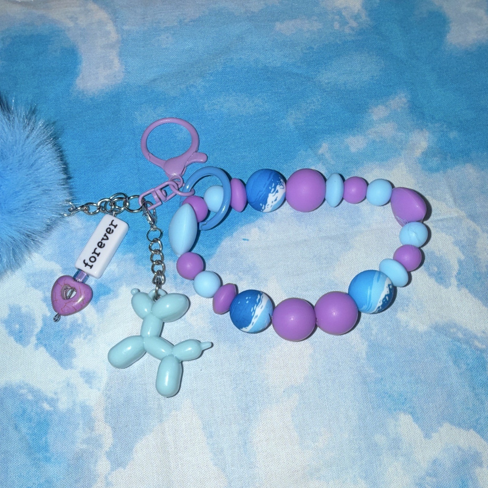 Blue & Purple Beaded Wristlet Key Chain/Bag Charm w/Pom Pom Heart
