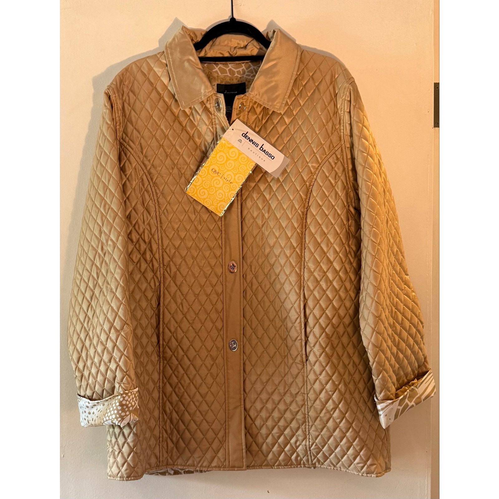 NWT Dennis Basso Silk Quilted Turn Lock Jacket Champagne Gold L