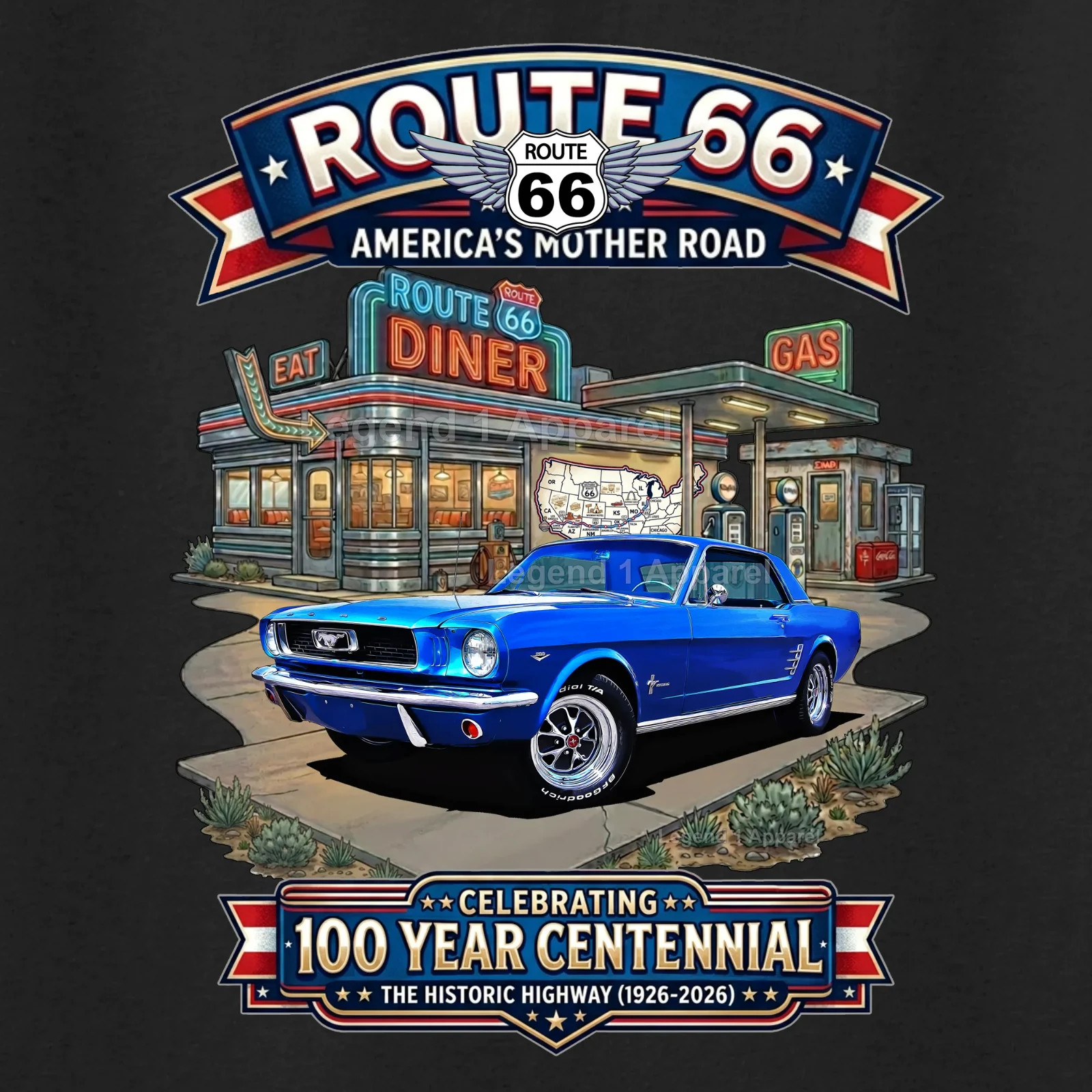 Route 66 100 Year Centennial, 1966 Mustang Custom T-Shirt