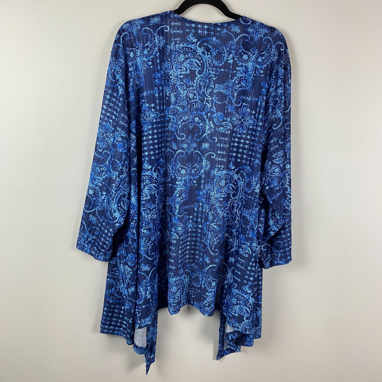 Catherines Open Front Cardigan Size 5X Blue Paisley 3/4 Sleeves Open Weave